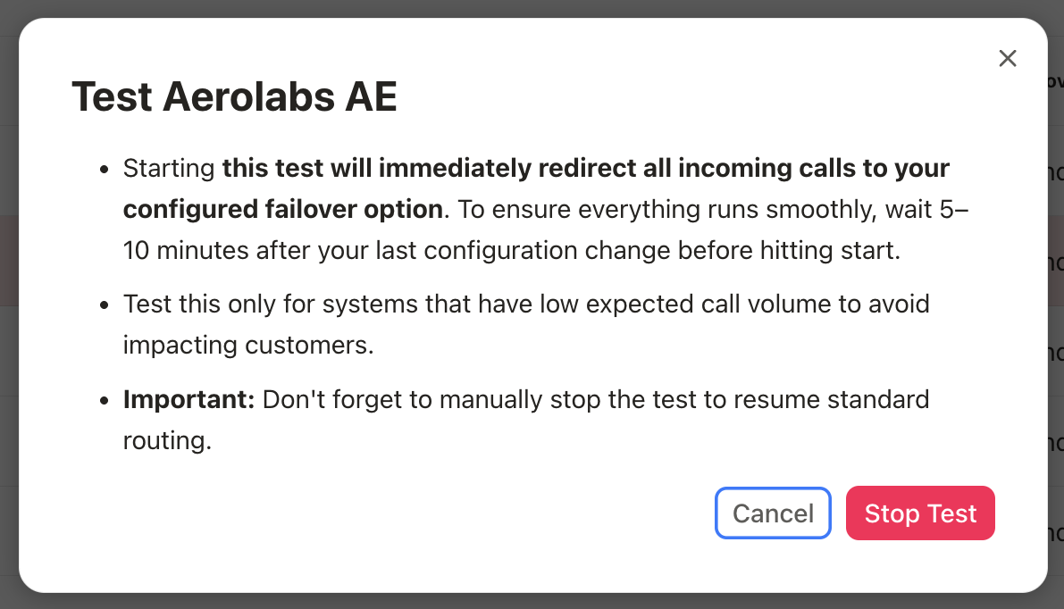 Instructions for testing Aerolabs AE and managing call redirection settings.